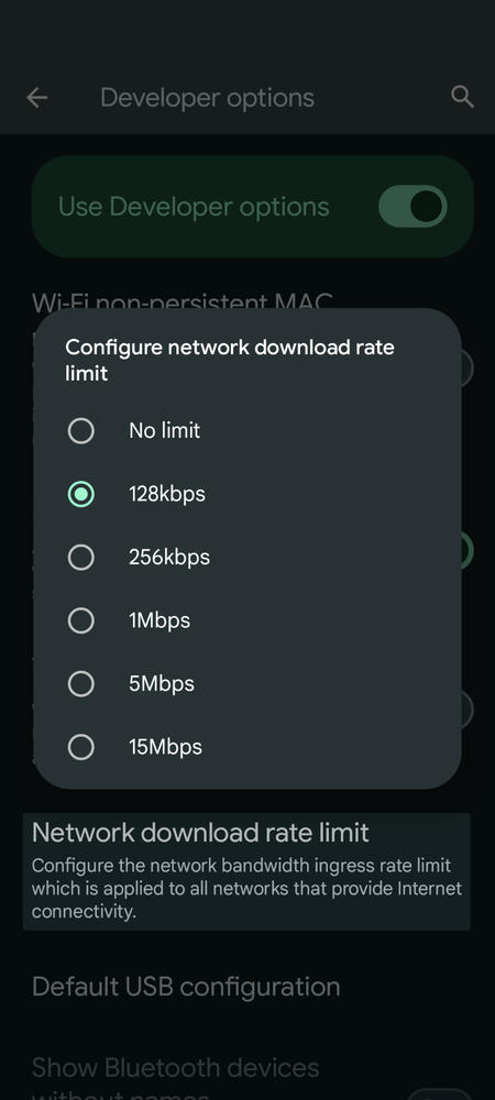 Inside Android Developer Options, Configure network rate limit set to 128kbps