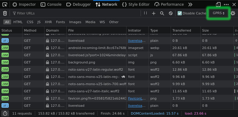 Firefox developer tools, network tab, GPRS limiting selected